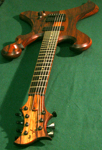 Shot of the custom 7 string guitar from the headstock to the body