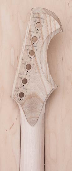 Guitar headstock with reverse-inline tuners, back