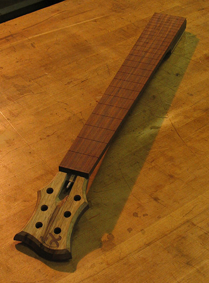 Pau ferro fretboard and limba headstock on a custom guitar neck