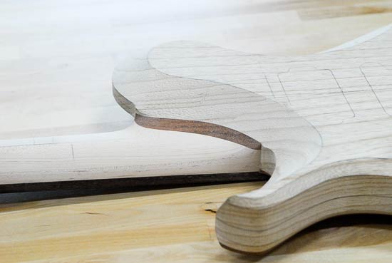 Jatoba neck heel on a custom guitar body