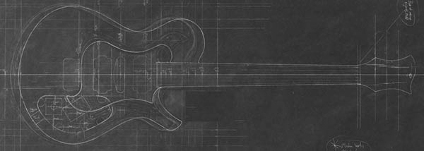 Custom guitar design with Knaggs-inspired body shape, inline headstock