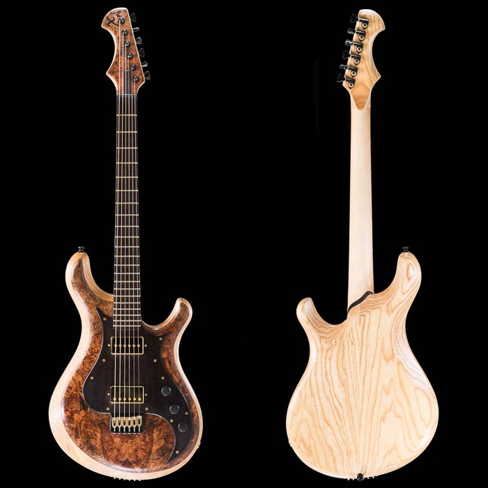 Knaggs-style baritone guitar with maple burl top