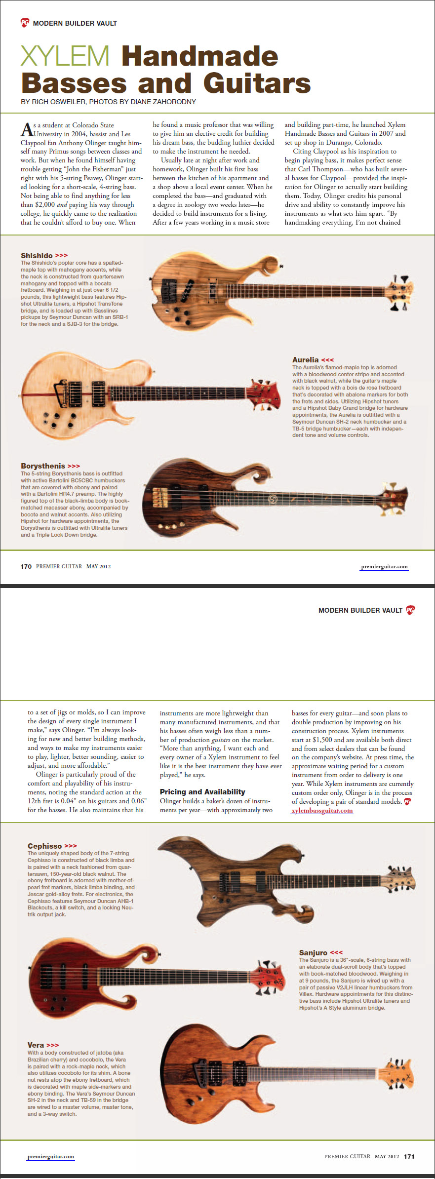 Premier Guitar Magazine article about Xylem Basses and Guitars